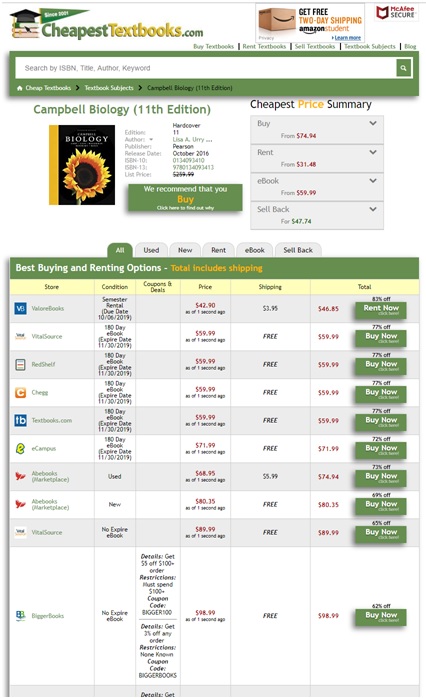 CheapestTextbooks.com Price Comparison Page
